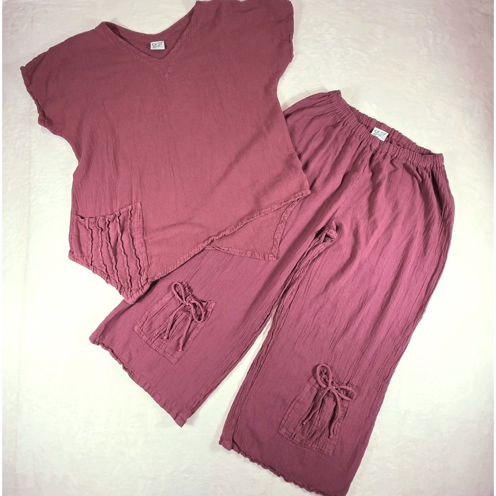 Oh My Gauze! Matching Top and Bottom Set Size L/XL Dark Pink Lagenlook Cottage